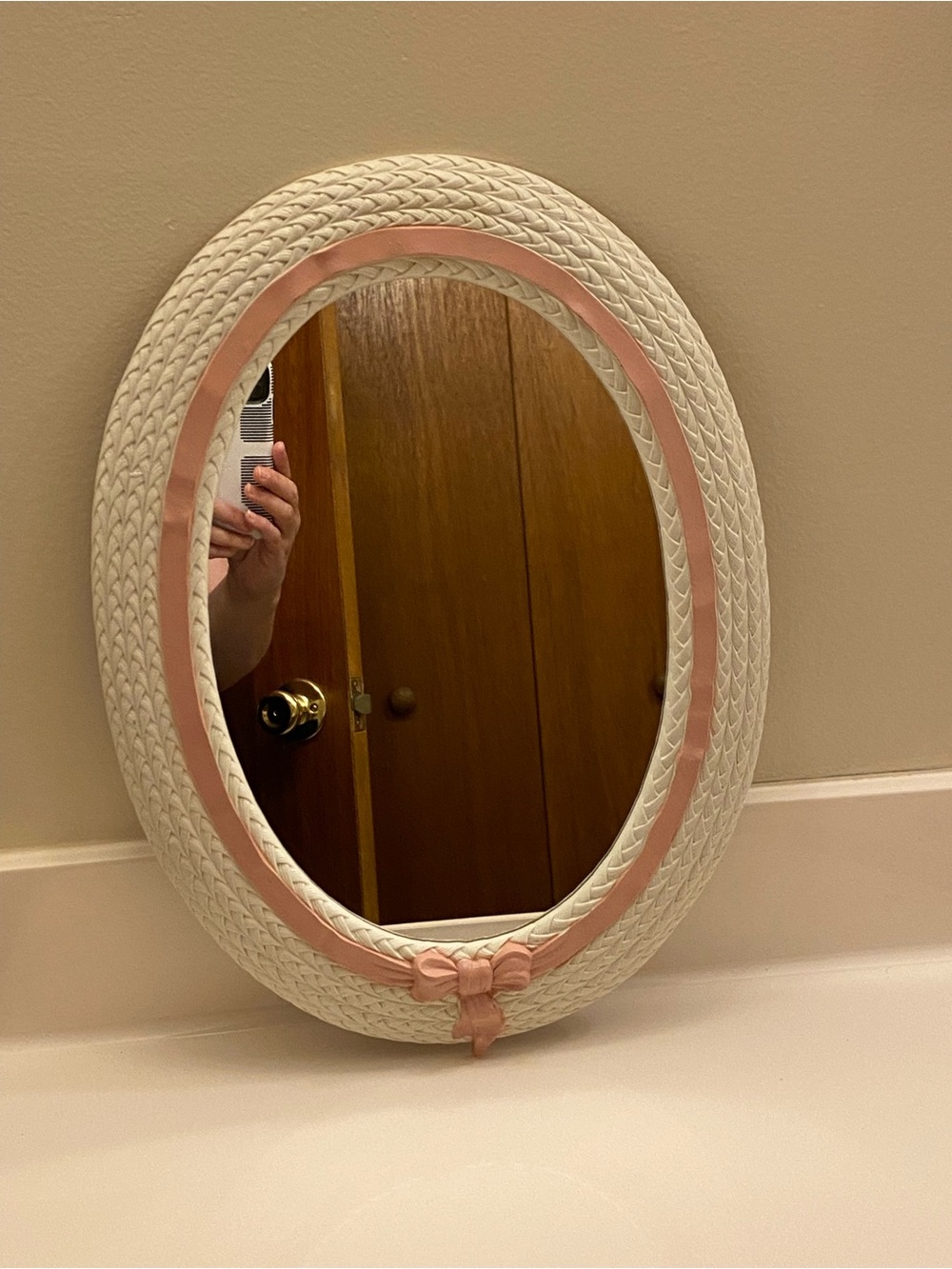 Vintage Burwood Home Interiors White Faux Wicker Pink Bow Mirror
